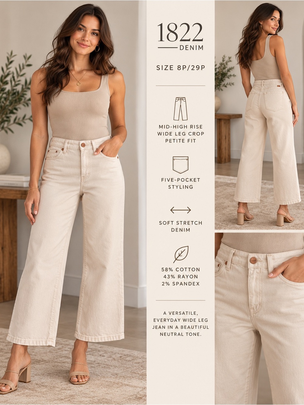 1822 Denim Cream Wide Leg Crop Jeans Petite 8P 29P